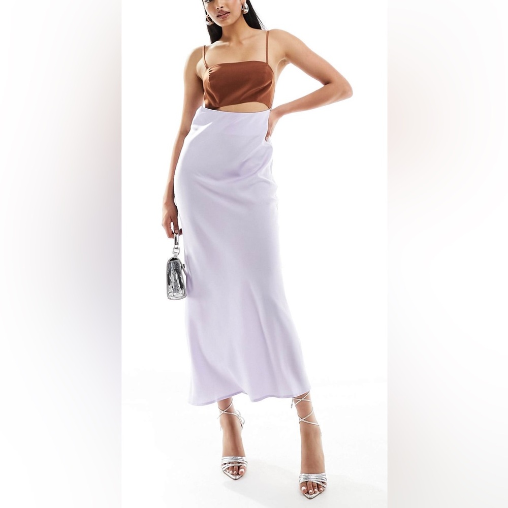 Satin Brown & Lilac Midi Dress